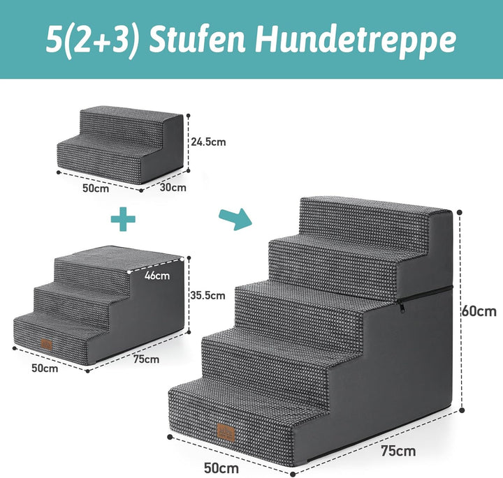 Hundetreppe, 5 Stufen Multifunktionale aus Hochdichtem Schaumstoff für Bett Couch Sofa, 60cm Hoch Ab
