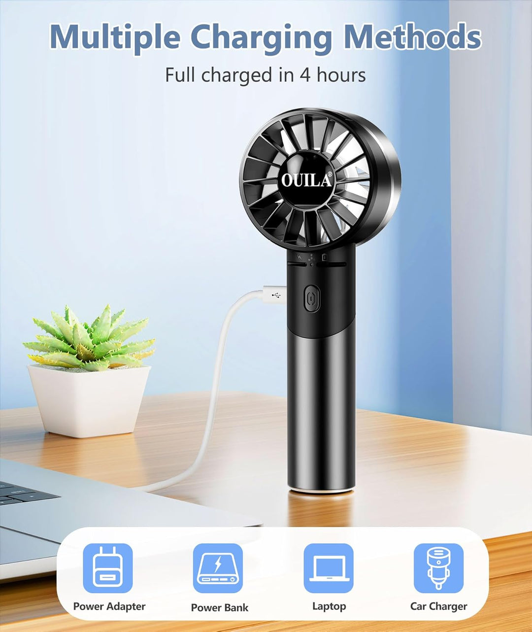 OUILA Handventilator, 2600mAh Mini Ventilator aus Metallwerkstoff USB Aufladbar Tragbarer Akku Venti