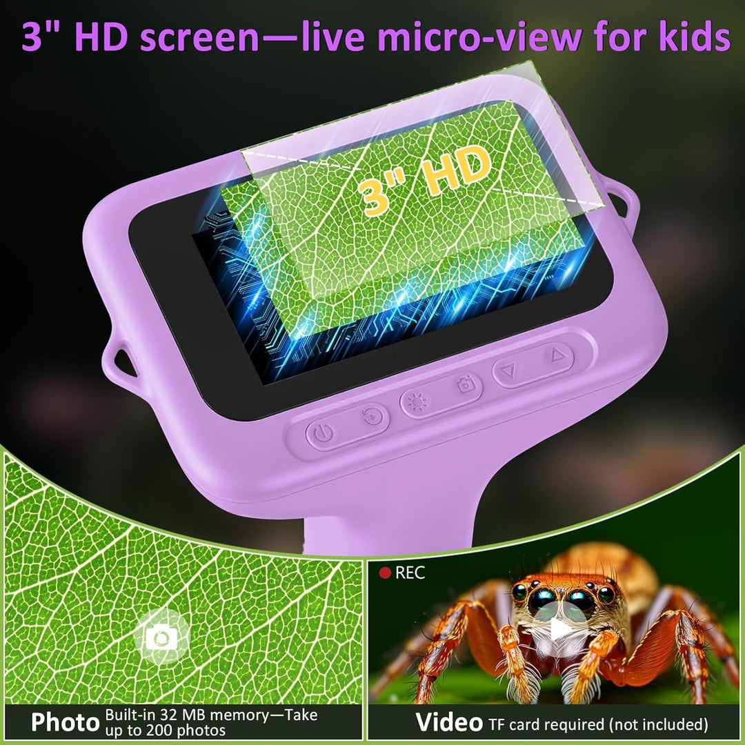 Mikroskop für Kinder: Digitales Mikroskop mit 3" IPS Bildschirm 1000x Vergrösserung, 1080P Handmikro