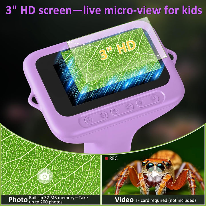 Mikroskop für Kinder: Digitales Mikroskop mit 3" IPS Bildschirm 1000x Vergrösserung, 1080P Handmikro