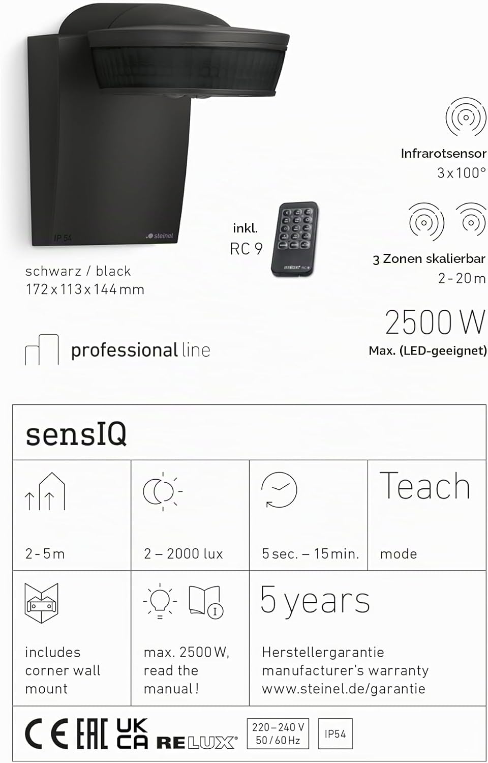 Steinel 29579 Infrarot-Bewegungsmelder sensIQ schwarz, 300°|20 m Sensor, 2500 W, Dauerlicht, Montage