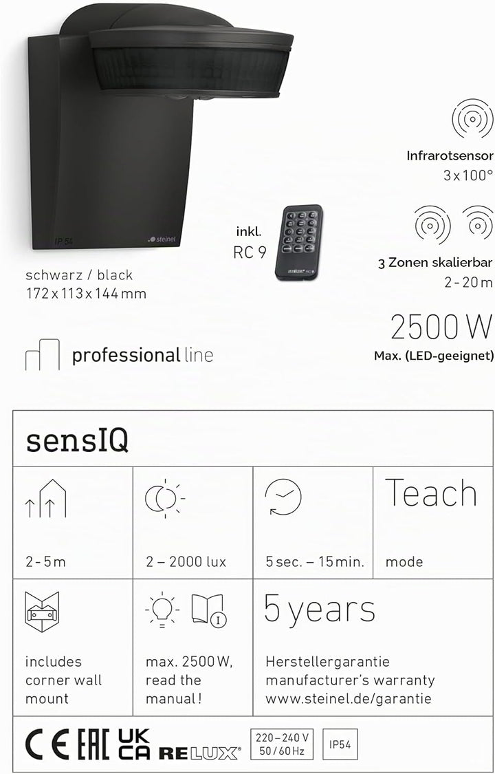 Steinel 29579 Infrarot-Bewegungsmelder sensIQ schwarz, 300°|20 m Sensor, 2500 W, Dauerlicht, Montage