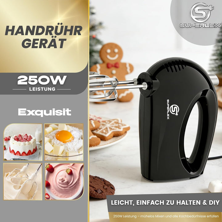 Handmixer 250W Handrührgerät 5 Geschwindigkeiten Mit 2 Edelstahl Rührbesen Ergonomischer Griff Ein K
