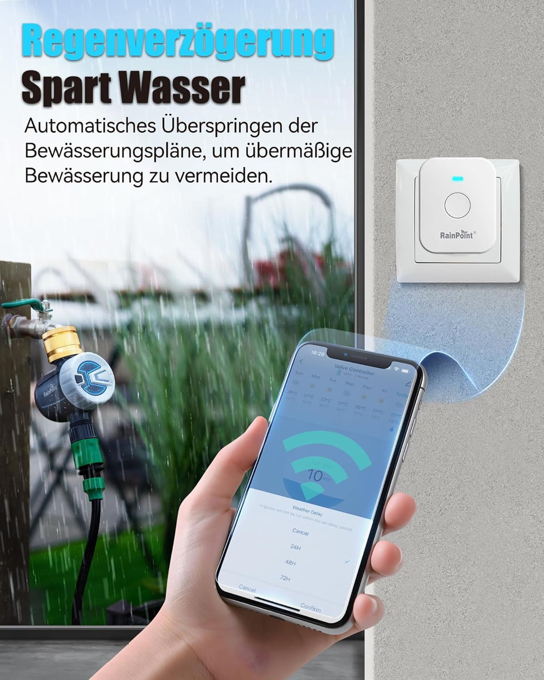 RAINPOINT Bewässerungscomputer WLAN, Automatische Bewässerungssystem mit Messing-Einlass, Zyklus-Soa