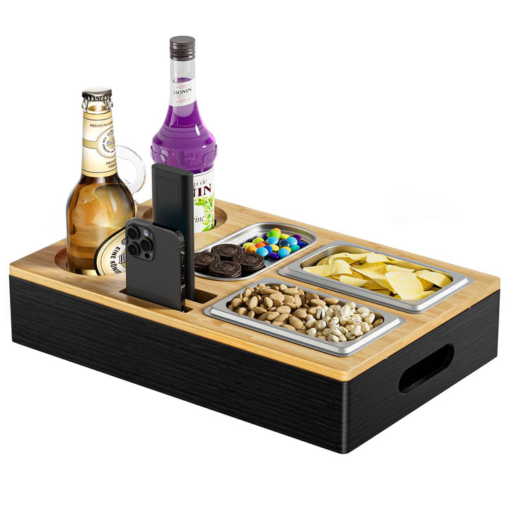 Couchbar Snackbox aus Bambusholz mit 3 Edelstahl-Schalen, Sofa Butler Organizer Tablett mit Getränke