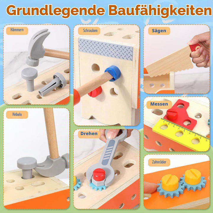 XIAPIA Werkzeugkoffer Kinder 124 Stück Deluxe-Anzug, Montessori Spielzeug ab 3 4 5 Jahre Werkbank au