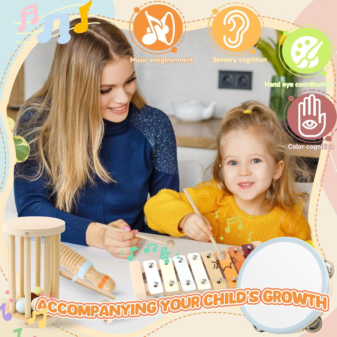 Jeinbuil Musikinstrumente 7er Set für Kinder, Holzspielzeug Kinderspielzeug ab 3 Jahre Xylophon Trom