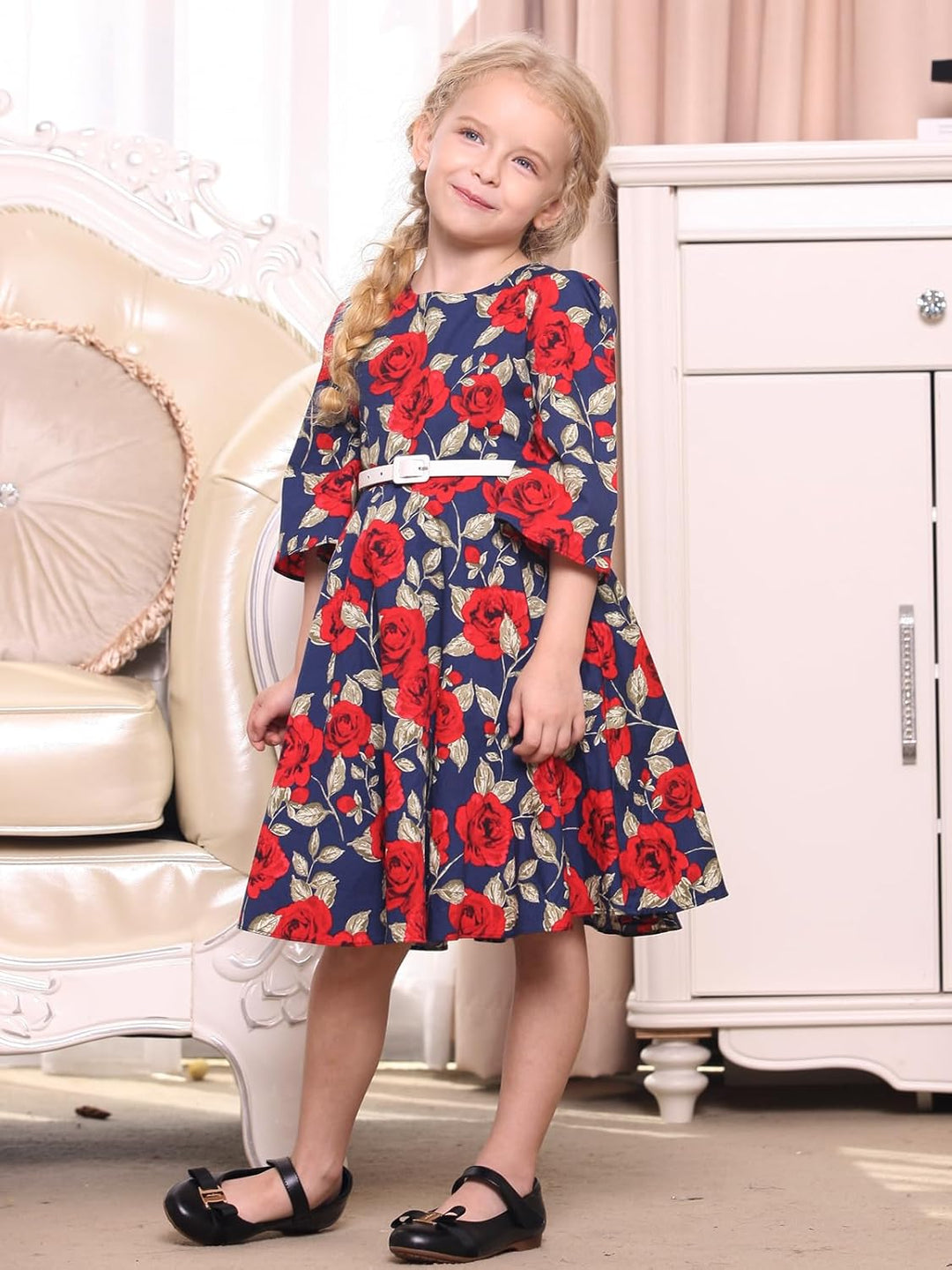 BONNY BILLY Mädchen Kleider Vintage Blumen Festlich Hochzeit Elegant Kinder Kleid mit Gürtel 3-4 Jah