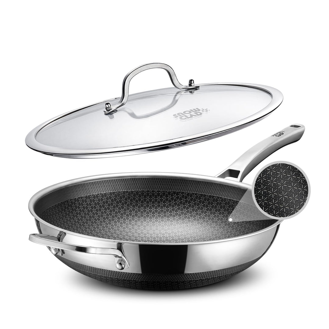 Wokpfanne Induktion 30cm Hybrid-Woks und Bratpfannen, Antihaft Wabenpfanne mit Deckel, Edelstahlpfan