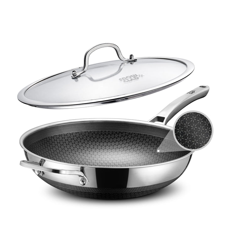Wokpfanne Induktion 30cm Hybrid-Woks und Bratpfannen, Antihaft Wabenpfanne mit Deckel, Edelstahlpfan
