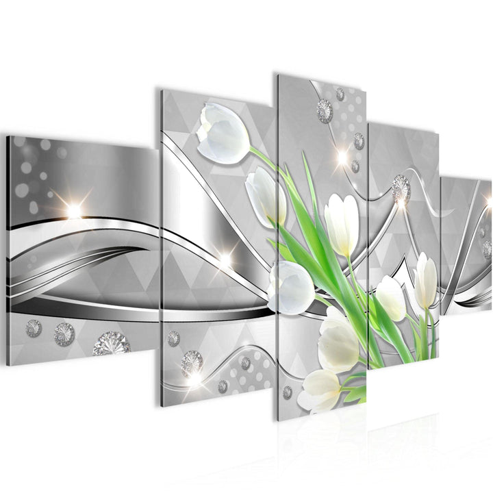 Runa Art Wandbilder Blumen Tulpen 5 Teilig Bild auf Vlies Leinwand Deko Wohnzimmer Diamant Grau Grün