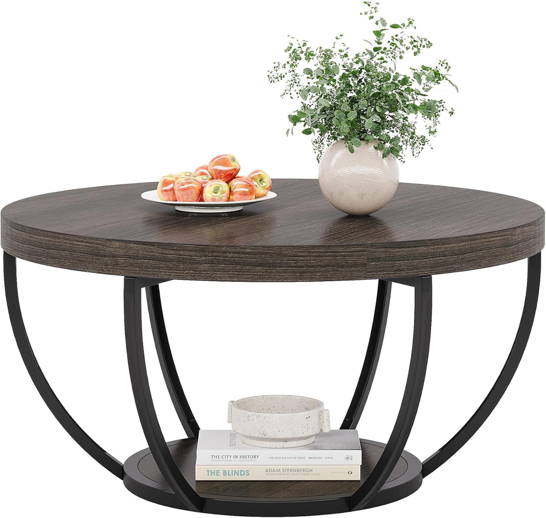 Tribesigns Runde Couchtisch, Industrial 2-Tier-Kreis Couchtisch mit Lagerung Regale, Moderne hölzern