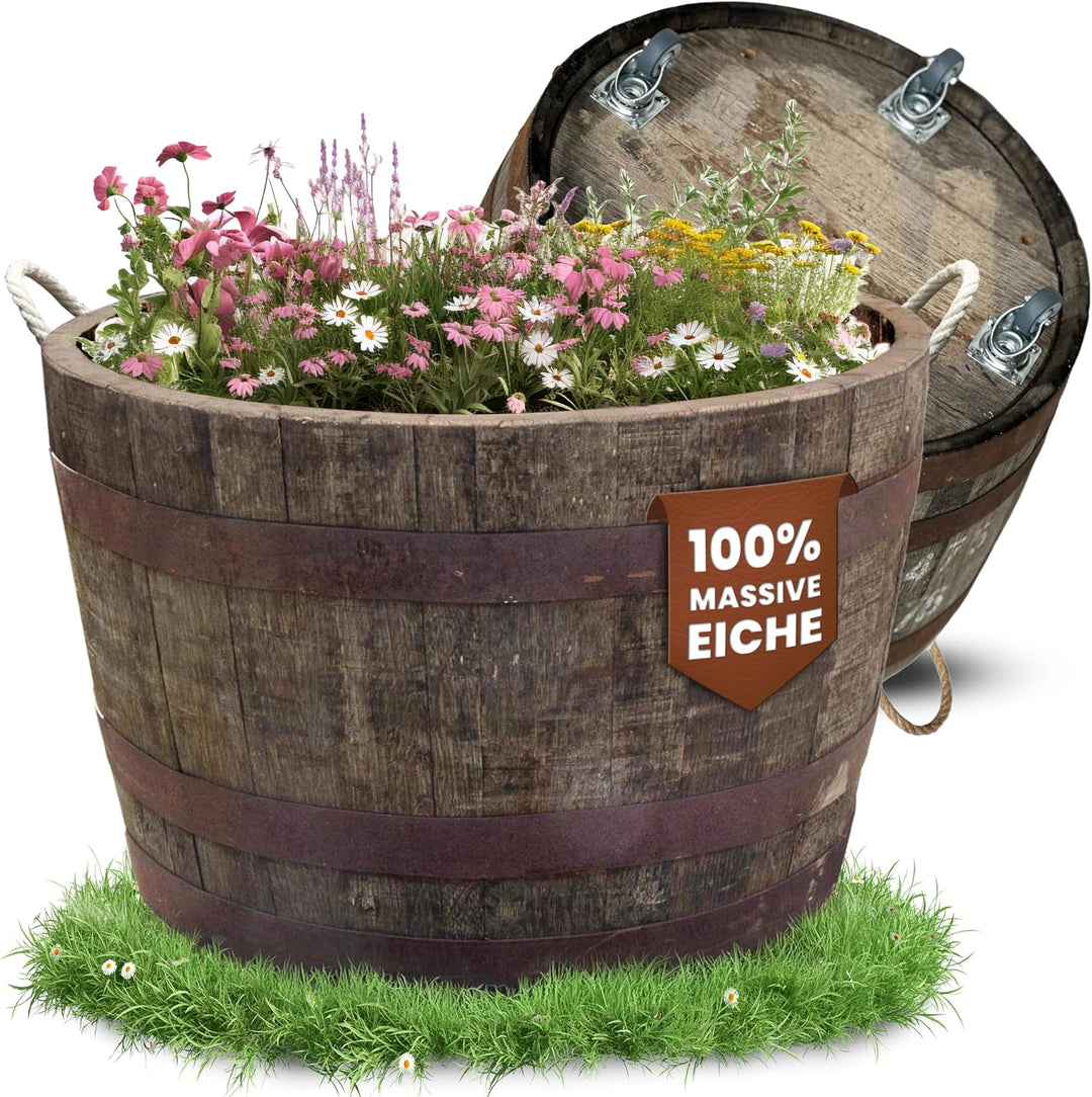 Temesso Halbes Fass aus einem originalen schottischen Whiskyfass (Natur - mit Schlaufen + Rollen + A
