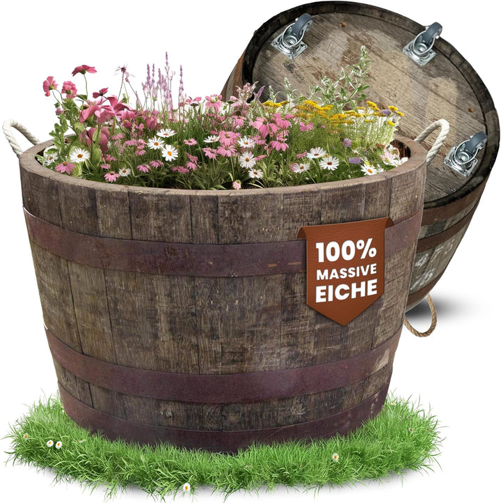 Temesso Halbes Fass aus einem originalen schottischen Whiskyfass (Natur - mit Schlaufen + Rollen + A