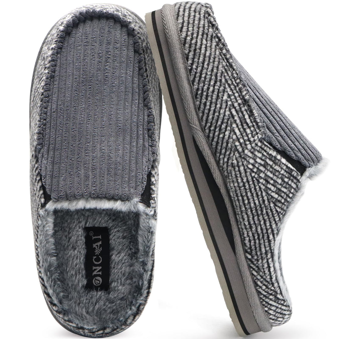 ONCAI Hausschuhe Herren Komfort Pantoffeln Plüsch Streifen Hüttenschuhe Wärme Cord Flauschig Slipper