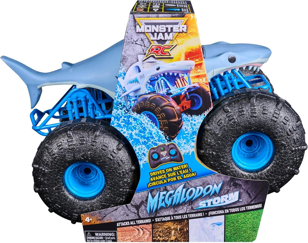 Monster Jam Megalodon Storm, RC Truck, Amphibienfahrzeug in Hai-Optik für Land und Wasser, Massstab