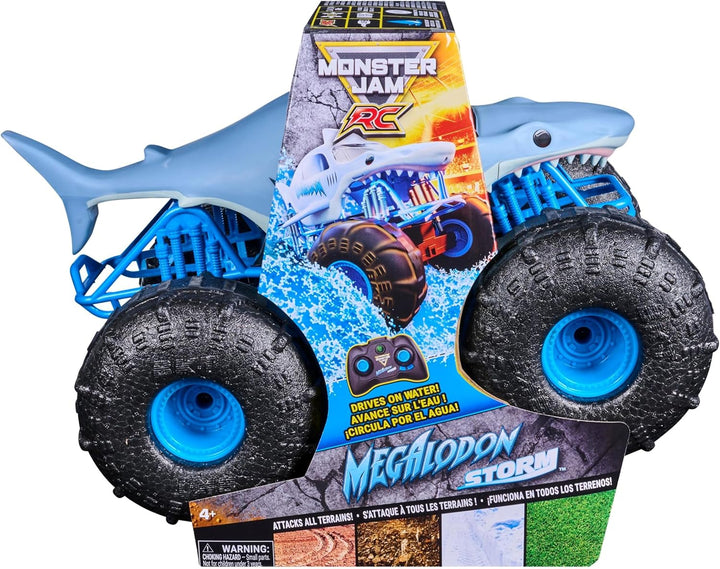 Monster Jam Megalodon Storm, RC Truck, Amphibienfahrzeug in Hai-Optik für Land und Wasser, Massstab