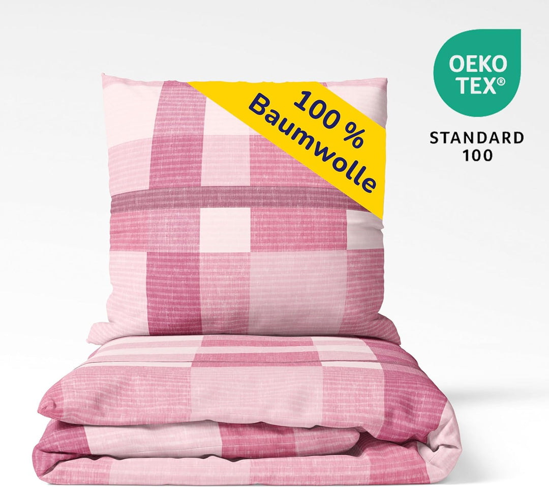 Träumschön Premium Bettwäsche 135x200 + 80x80 cm - Kariertes Design Rosa - Sommer Bettwäsche aus Bau