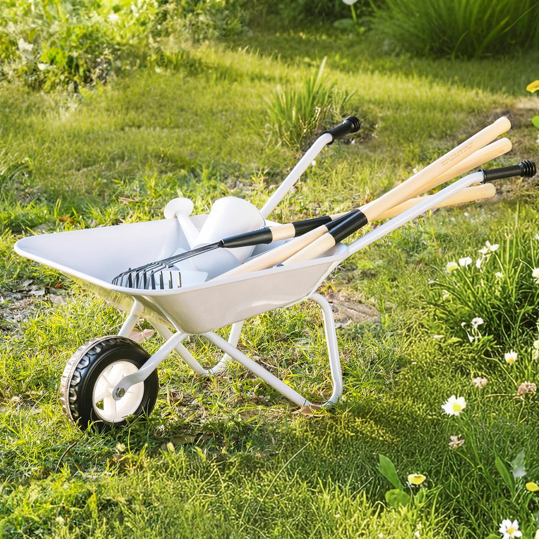 ROBUD Schubkarre Kinder Metall mit Gartengeräte Set, Kinderschubkarre mit Langer Schaufel, Rechen, L