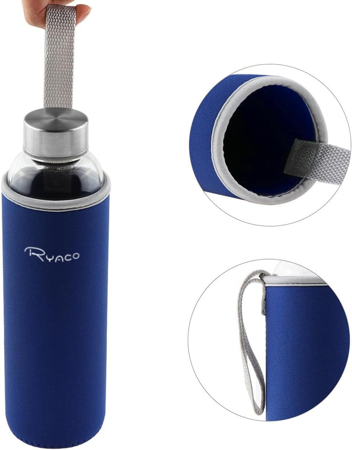 Ryaco Trinkflasche aus Glas 550ml/750ml/1000ml/1L,Glasflasche mit Neoprenhülle,Glastrinkflasche mit