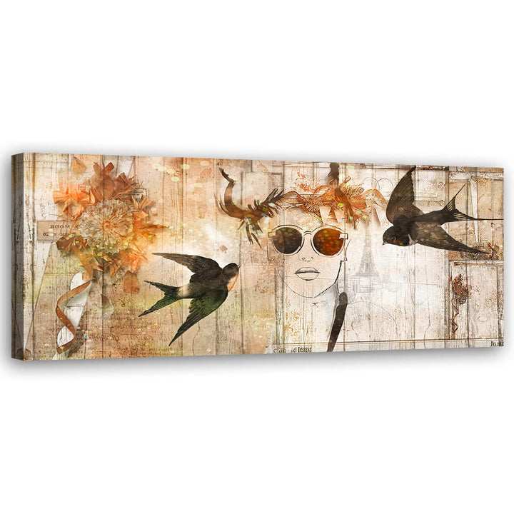 Feeby Bild auf Vlies Leinwand Vögel Sonnenbrille Frau Abstraktion 120x40 cm Kunstdruck Modern Wandbi