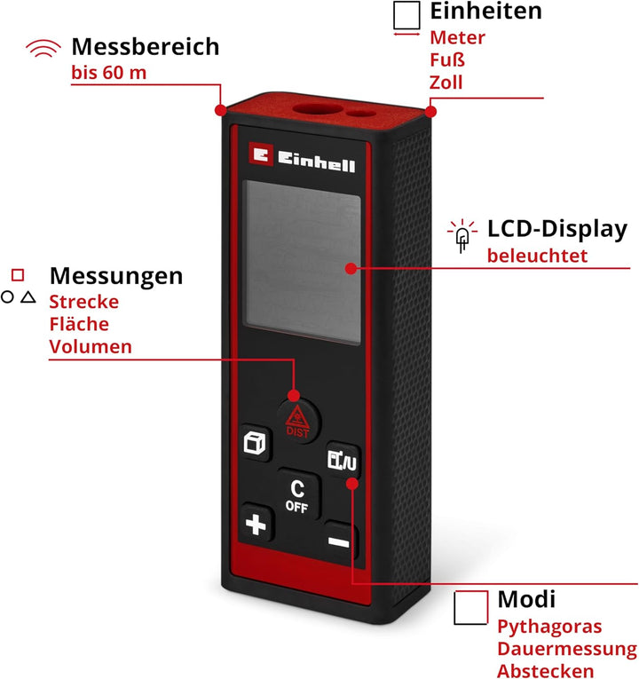 Einhell Laser Entfernungsmesser TC-LD 60 R (60 m max. Messbereich, Messmodi Distanz, Fläche, Volumen
