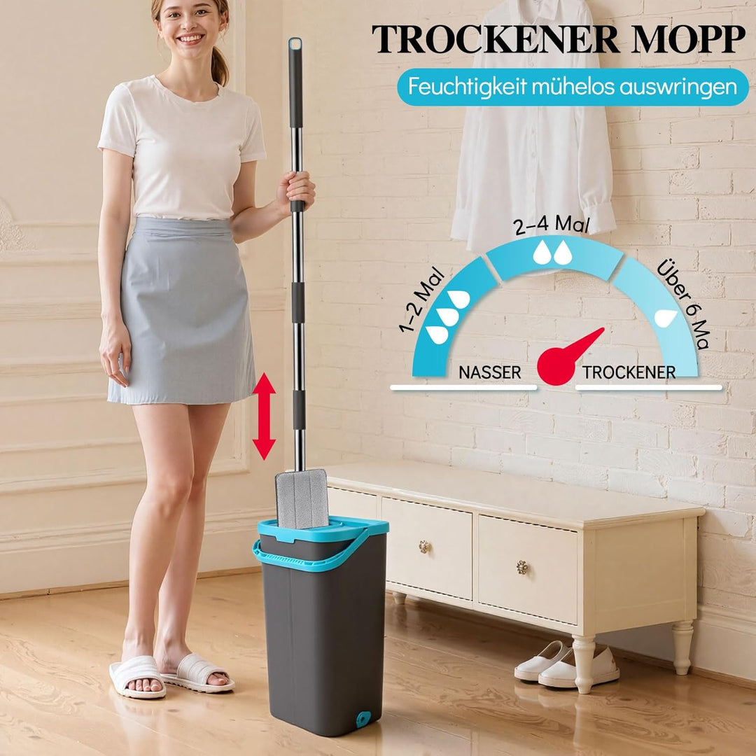 MASTERTOP Bodenwischer, Flach Mopp mit Eimer und 6 Mikrofaser Wischpads, Wischmopp und Putzeimer Set
