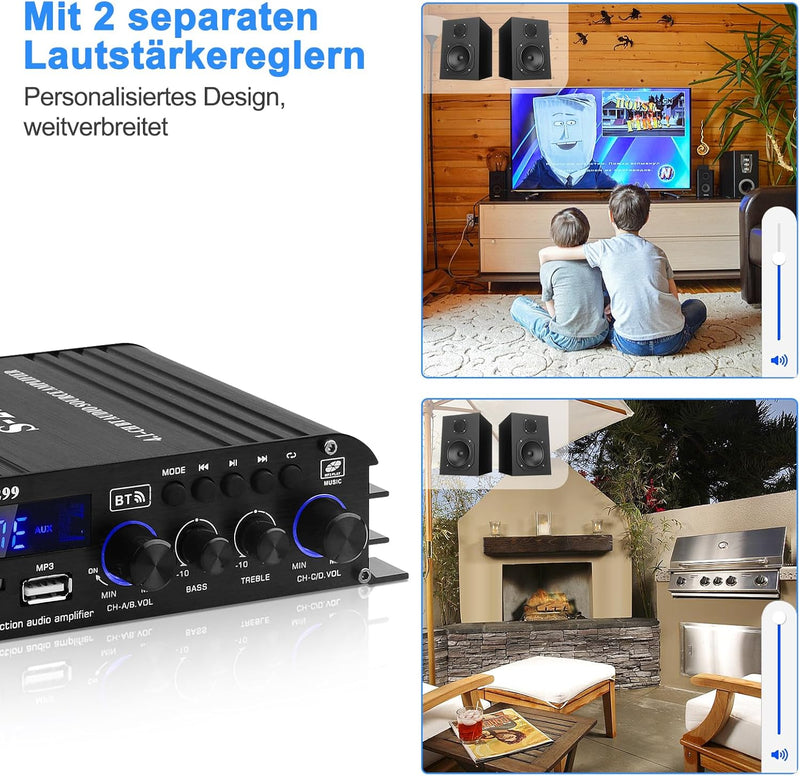 S-299 4.1-Kanal HiFi Verstärker, RMS 40Wx4+50W Bluetooth Mini Audio Verstärker Max. 800W Leistung Pa