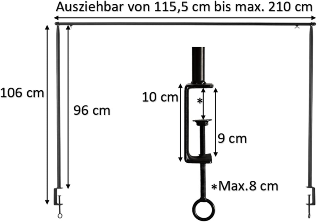 Tisch Deko Stange Klemme Gestell Deko Metall schwarz ausziehbar Tafel 117-211 cm