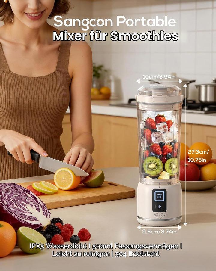 Sangcon Tragbarer Mixer 500ml, Smoothie Maker USB Wiederaufladbar, Mini Standmixer für Fitness, Büro