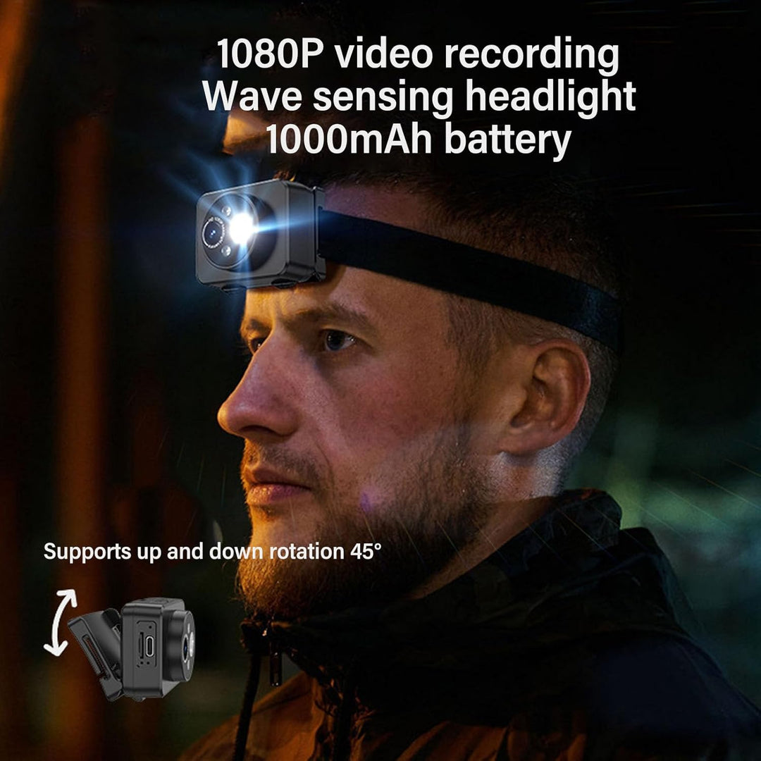 Am Kopf montierte Kamera 1080P - Verstellbare Stirnkamera mit LED Scheinwerfer, 45° Beleuchtungswink