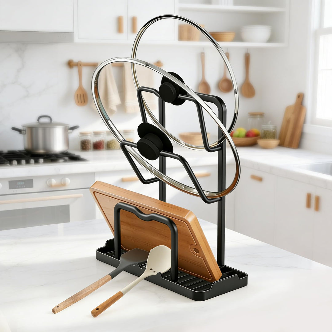 Topfdeckel Organizer Küchenregal mit Löffelablage: 2-in-1-Design Topfdeckelhalter Aufbewahrungsregal