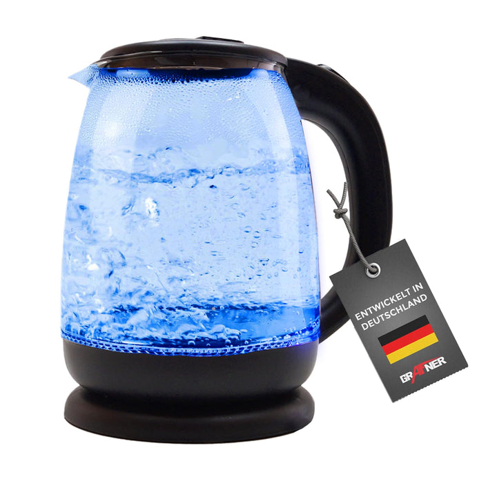 Grafner Design Glas Wasserkocher 1,8 Liter, 1800 Watt, mit blauer LED Beleuchtung, Trockenlaufschutz