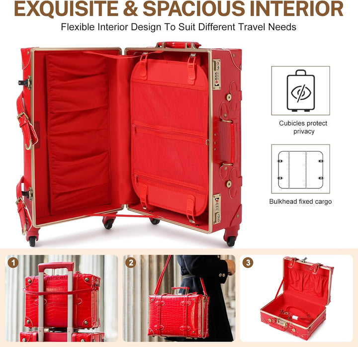 Urecity Koffer Vintage mit 4 Rollen Trolley Koffer Reisekoffer Leicht Retro Hartschalen Koffer 2-Tei