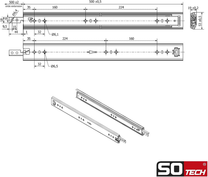 1 Paar SOTECH Schwerlastauszüge VarioSlide KV2-100-H53-L500-EH 500 mm mit Lock-in/out Einrastfunktio