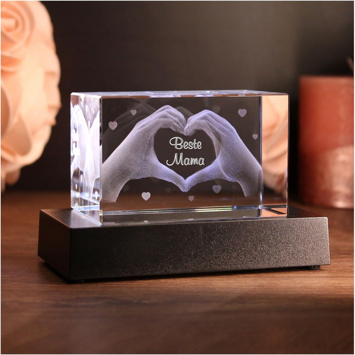 LoveGoals 3D Glas Kristall mit Gravur - Herz aus Zwei Händen mit Text Beste Mama graviert - Geschenk