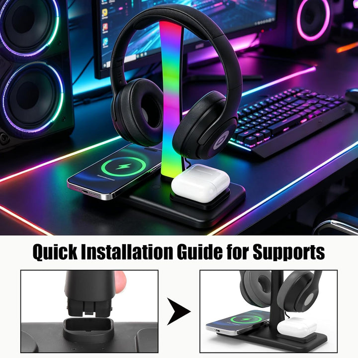 3 in 1 RGB Gaming Kopfhörer Ständer, Headset Halterung mit 15W Wireless Ladegerät, Wireless Charge K