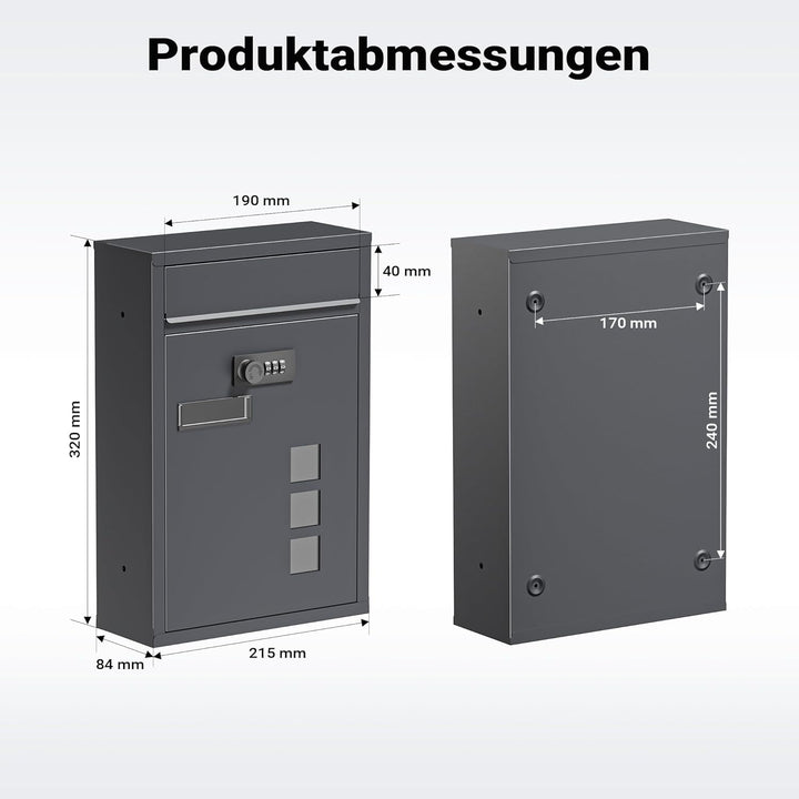 Wiltec Briefkasten anthrazit 215x320x90mm Briefkasten mit Zahlenschloss, Namensschild und Sichtfenst