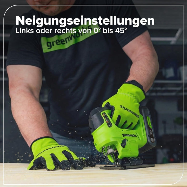 Greenworks 24V Akku-Bürstenlose Stichsäge, 3000spm, Neigungsverstellbar bis max. 45°, 4 Orbitaleinst