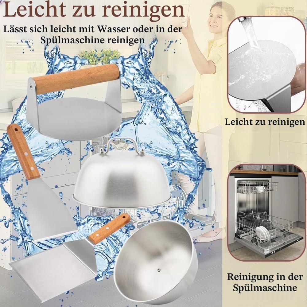 7 Stück Smash Burger Set, Burger Smasher, Smash Burgerpresse mit Pfannenwender und Burgerglocke und