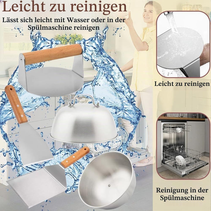 7 Stück Smash Burger Set, Burger Smasher, Smash Burgerpresse mit Pfannenwender und Burgerglocke und