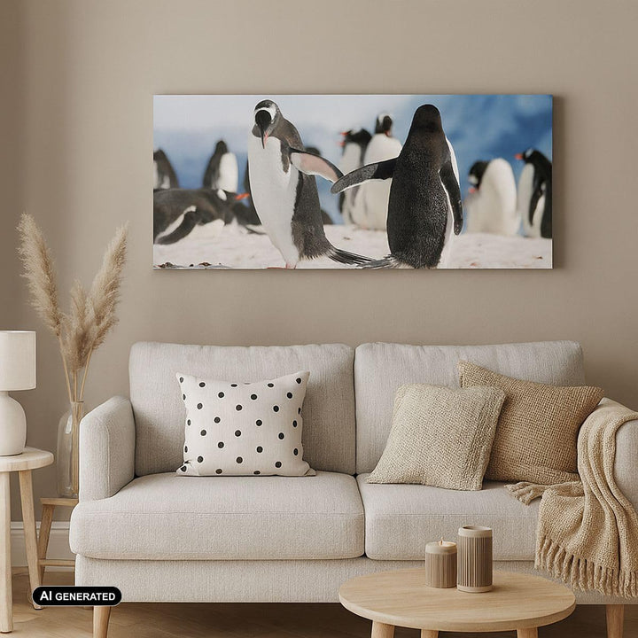 Panorama Bilder auf Leinwand Pinguine Winter Natur Schnee Leinwandbild 90x30cm Wandbilder Dekoration