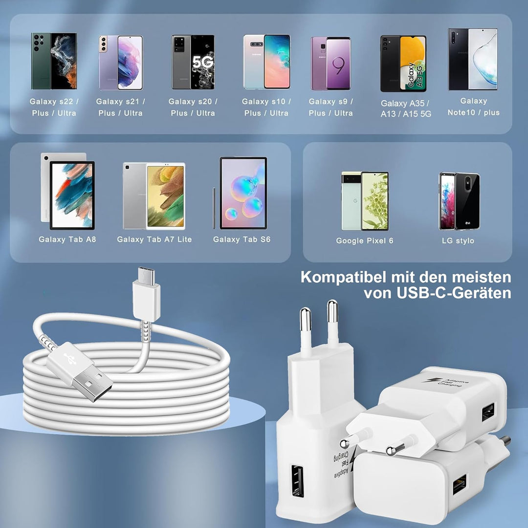 2er-Pack USB Ladegerät 15W Schnellladegerät Netzteil mit USB C ladekabel 1,5 m für Samsung Galaxy S2