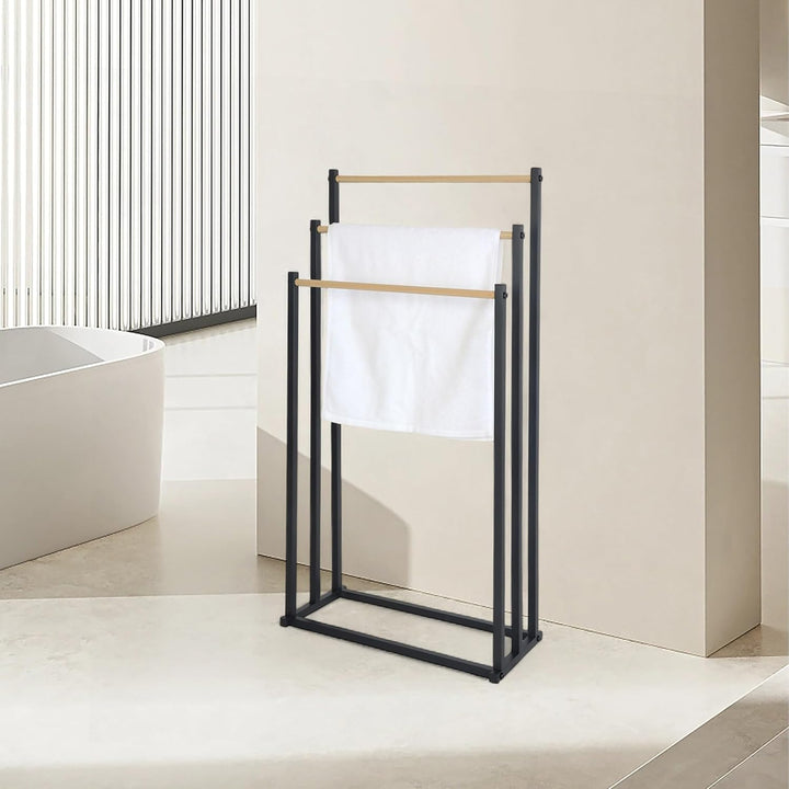Relaxdays Handtuchständer, HBT: 86 x 44 x 21 cm, Metall, 3 Stangen in Holzoptik, stehender Handtuchh