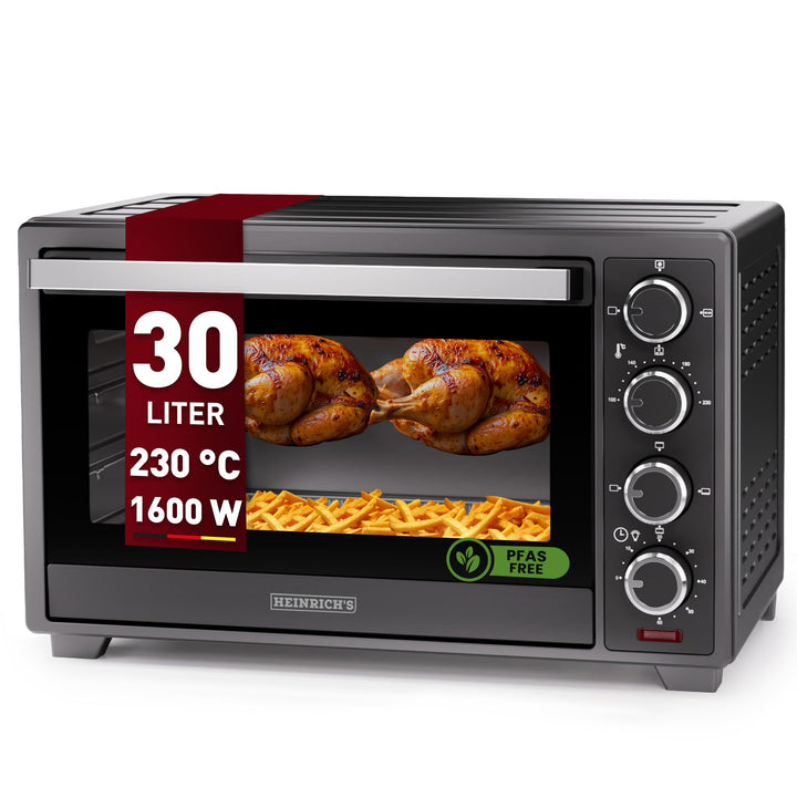 Heinrich´s Minibackofen mit Umluft 30L - Backofen klein mit Drehspiess, Airfryer-Einsatz inkl. Timer