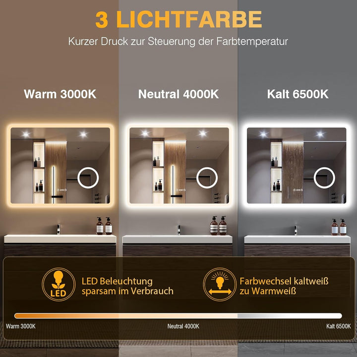 Uhr-Funktion Badspiegel mit Beleuchtung 80 x 60 cm, 3 Lichtfarben Einstellbar, Dimmbar, Antibeschlag