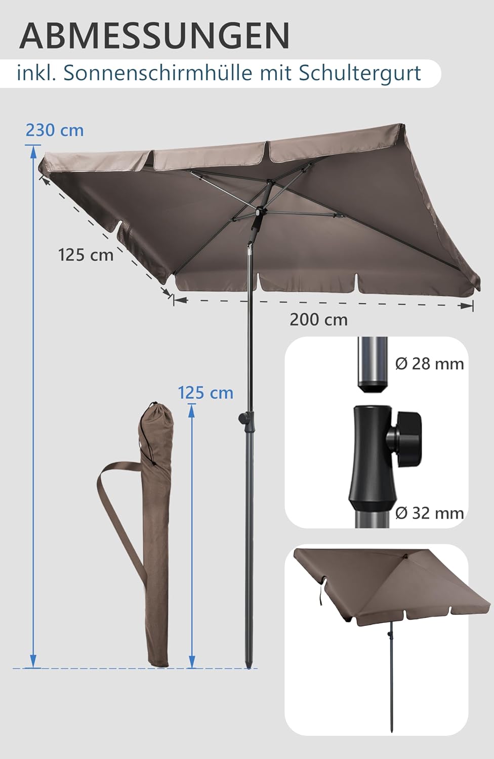 4smile Sonnenschirm Balkon 200 × 125 cm, Sonnenschirm rechteckig mit UPF 50+, 45° knickbar & höhenve
