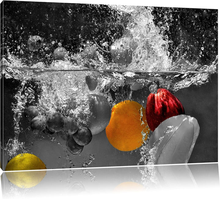 ins Wasser fallende Früchte schwarz/weiss Format: 100x70 auf Leinwand, XXL riesige Bilder fertig ger