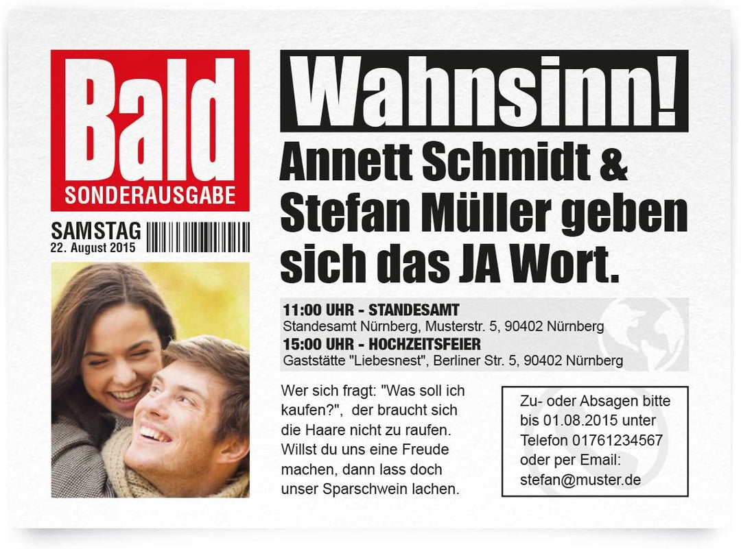 Einladungskarten zur Hochzeit (10 Stück) als Zeitung Presse Meldung Magazin News Journal, 10