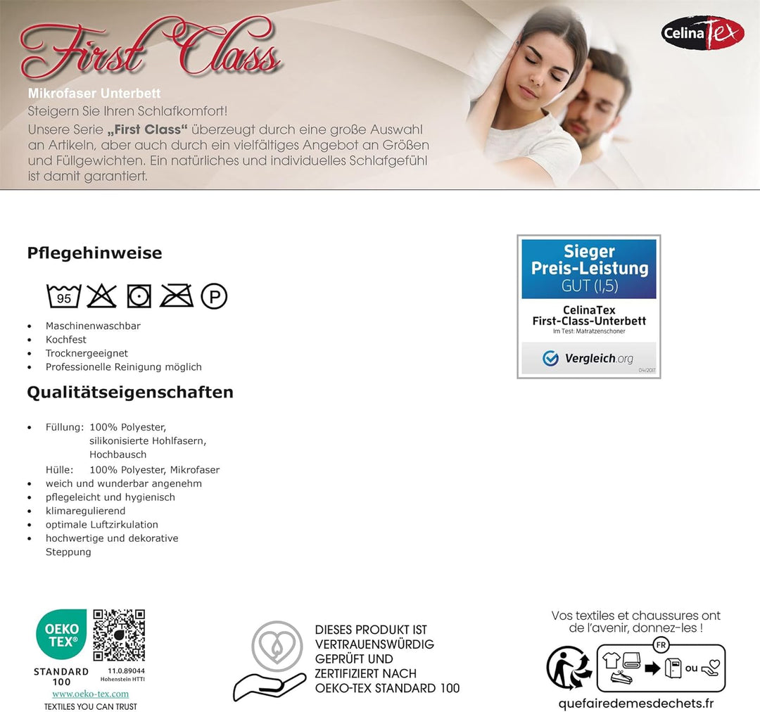 CelinaTex First Class Unterbett Matratzen-Schoner 180 x 200 cm Microfaser-Polyester Matratzen-Auflag